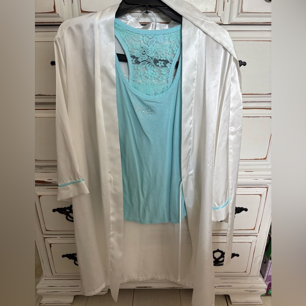 Elegant Bridal White and Blue Women's Sleepwear & Satin Robe Set
